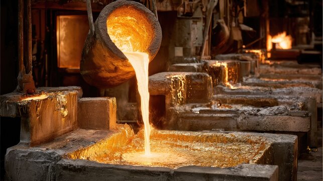Molten Gold Pouring into Ingot Molds in a Foundry, Capturing the Art of Metal Casting Process with Warm Glow