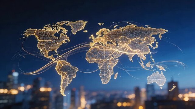 Glowing digital world map with interconnected nodes and data streams over city skyline at night &mdash; global connectivity, technology, and international business concept