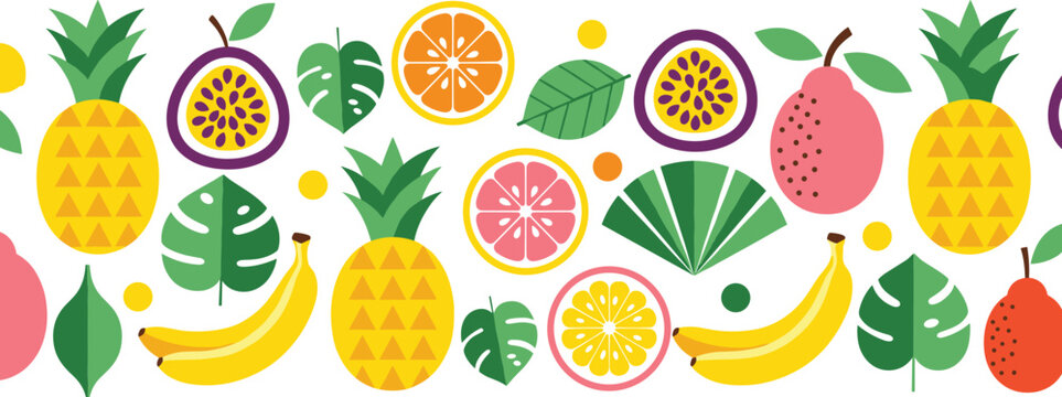 Colorful tropical fruit pattern illustration with pineapple banana citrus papaya passion fruit and green leaves arranged in seamless decorative composition
