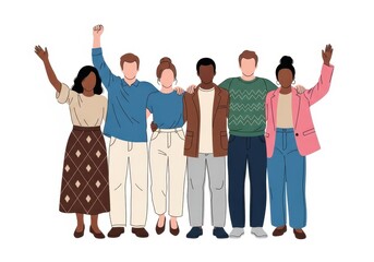 Obraz premium Diverse group of people standing together with arms raised in unity and solidarity on white background