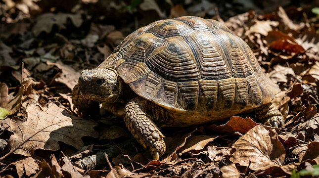 A solitary tortoise with a detailed, textured shell moving slowly through dry forest leaves on the ground.