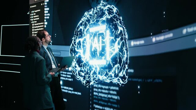 Engineering team looks at AI machine learning self writing code on screen, autonomy concept. Teamworking colleagues reviewing self sustaining artificial intelligence model, doing brainstorming