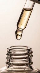 Drip of serum falling into glass bottle from pipette close-up shot
