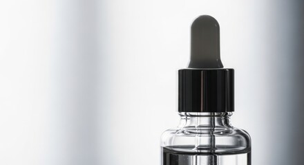 Clear glass bottle with black dropper on white background