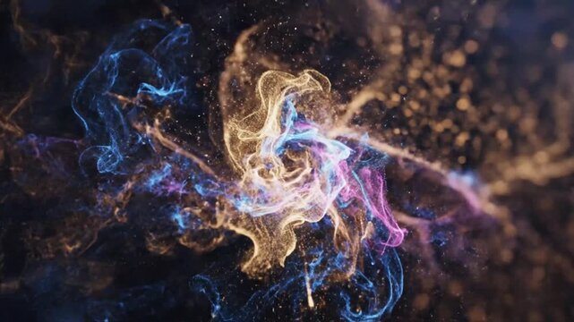 Vibrant, swirling patterns of blue, gold, and purple lights on a dark background with a mix of warm and cool tones, creating a dynamic visual effect.