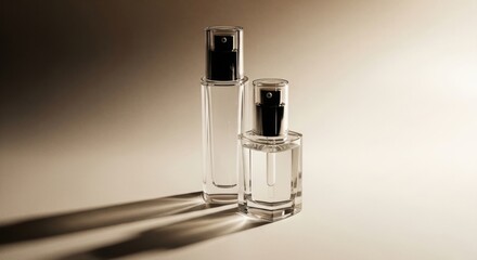 Bottles of perfume arranged on surface viewed from side