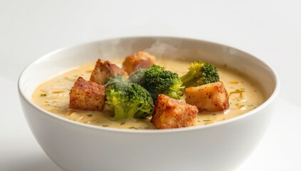 Fototapeta premium Rich broccoli cheese soup with crispy ham cubes in a white bowl. Keto-friendly low-carb dish