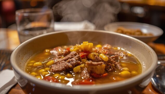 Pachuca de Soto, Mexico - April 20, 2025 - Corn and vegetable beef soup from a three-course restaurant meal