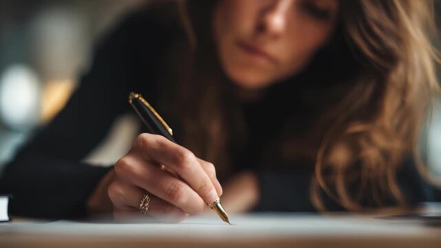 Hand holding pen writes thoughtfully on sheet paper, symbolizing creativity, productivity, learning. Highlights attention to detail, importance handwritten notes in daily life