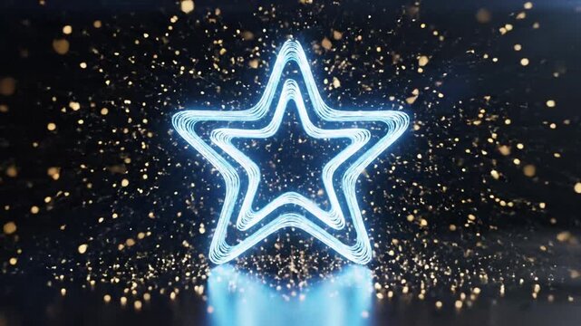 Glowing blue star outline with sparkling lights on a dark background with gold specks and a white border at the bottom.