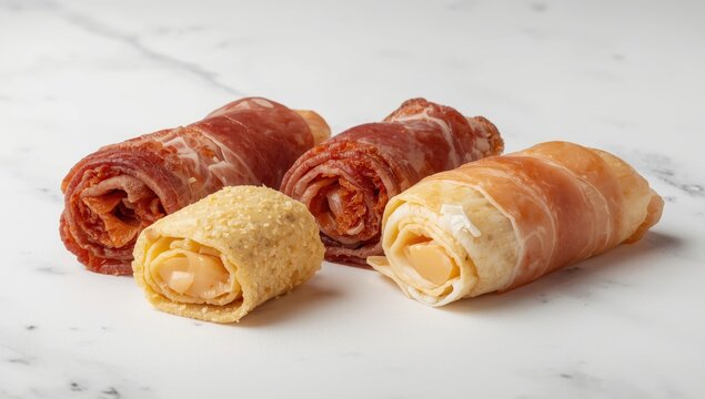 Collection of Mediterranean rollitos containing Serrano ham with Manchego, chorizo with Gouda, and prosciutto with Gran Castelli cheese on a white background