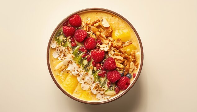 Smoothie bowl of mango, banana, and pineapple, garnished with raspberry, kiwi, walnuts, and coconut flakes