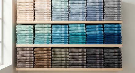 Colorful fabric stacks on wooden shelves near a window soft natural light organized textile storage various hues and shades home decor inspiration
