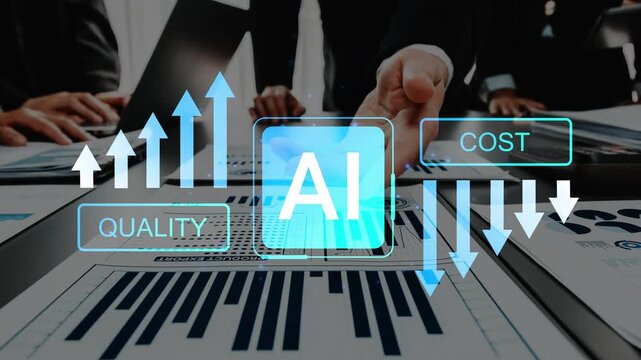Businessmen Analyzing Data with AI Technology, Graphs Showing Quality and Cost Metrics in Modern Office Environment Focused on Productivity and Efficiency Gluon.