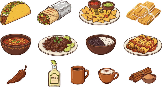 Mexican Food Collection with Tacos Burritos Nachos Enchiladas Beans Chili and Tequila Traditional Cuisine Vector Illustration Set