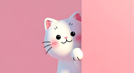 Obraz premium A cute white cartoon cat peeking from behind a pink wall