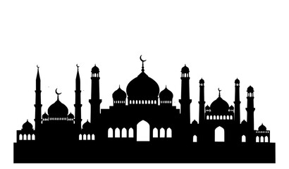 Black Islamic city skyline silhouette vector Arabic mosque domes and minarets isolated illustration © SHAHADAT