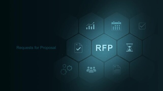 A points towards a digital interface displaying "RFP" (Request for Proposal) along with various icons representing business processes. digital 3d interface on cyan color background