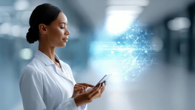 Young woman in white coat interacts with smartphone, surrounded by virtual digital graphics symbolizing advanced healthcare technology. Highlights integration smart devices in modern medicine