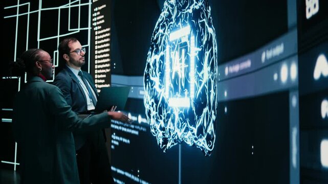 Autonomy concept, AI machine learning and engineering team looking at self writing code on screen, artificial intelligence and teamworking colleagues reviewing self sustaining AI model