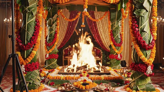 Sacred Fire Ritual Under Ornate Mandap With Marigold Garland Decoration