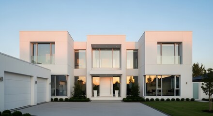 Imposing modern white mansion with symmetrical design large windows and a manicured lawn under a soft evening light