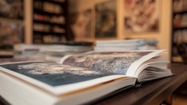 Medium shot capturing an art book open on a table the focused pages revealing detailed illustrations with blurred stacks of portfolios and library shelves surrounding.
