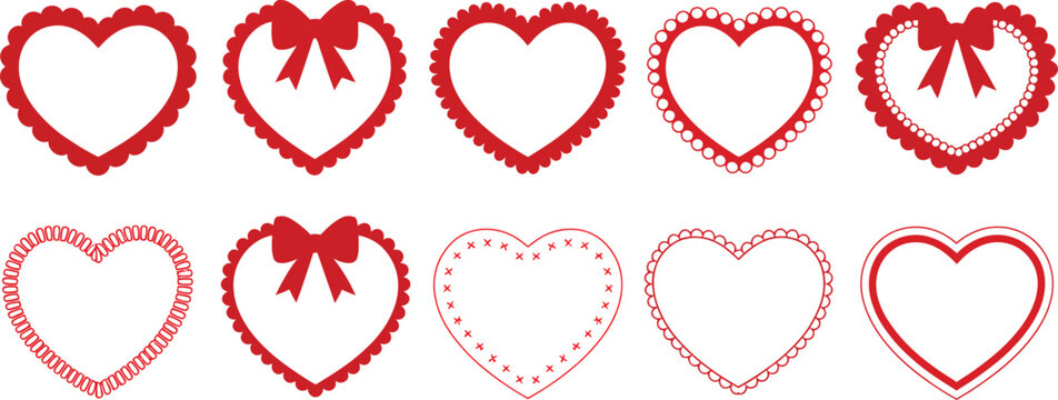 A charming collection of ten red heart shaped frames with decorative borders and ribbons