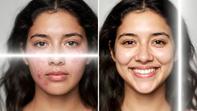 Young latina woman before and after acne treatment, showing skin improvement and happy expression from progress