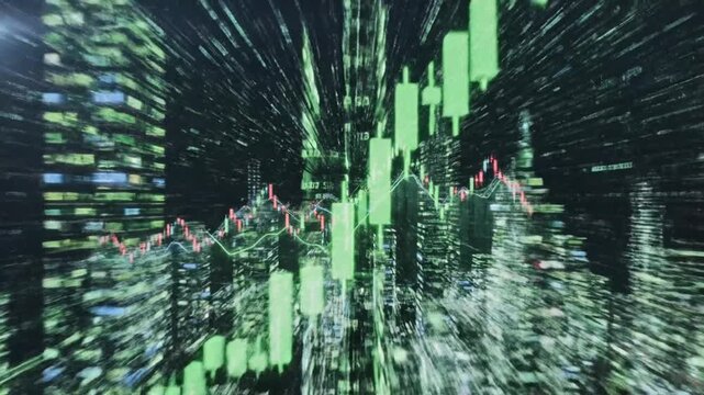 Blurry graphic representation of stock market data with green bars and a red line chart on a dark background with a sense of motion.