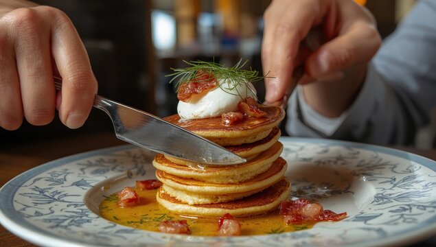 A detailed view of hands cutting into golden pancakes with sour cream, bacon, and dill on a decorative plate
