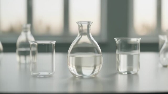 Static shot of various glass beakers and flasks with water in a laboratory