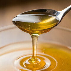 Golden honey pouring from spoon isolated on transparent background