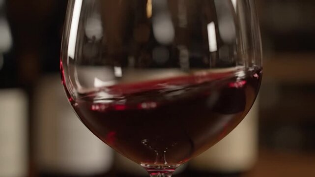 Close-up of red wine swirling in a glass with bottles in the background.