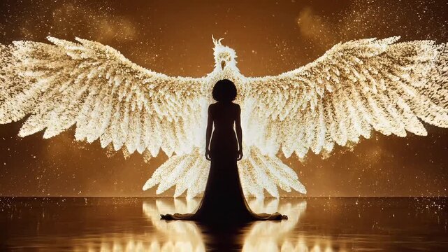 Woman with large white angel wings standing in a dark room.