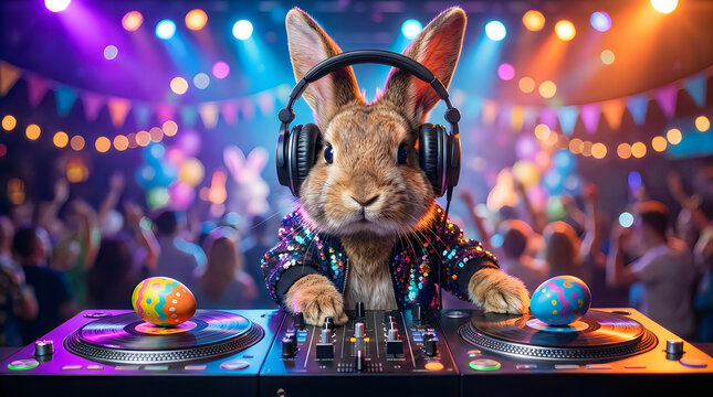 Rabbit dj spins tracks at vibrant party with colorful lights and crowd