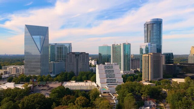 Contemporary Atlanta Buckhead city landscape with corporate and residential buildings and architecture symbolizing connectivity and economic activity. USA urban environment.