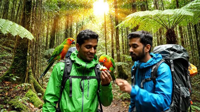 Two men in bright jackets with a colorful parrot on one man's shoulder and another parrot in his hand, standing on a forest trail
