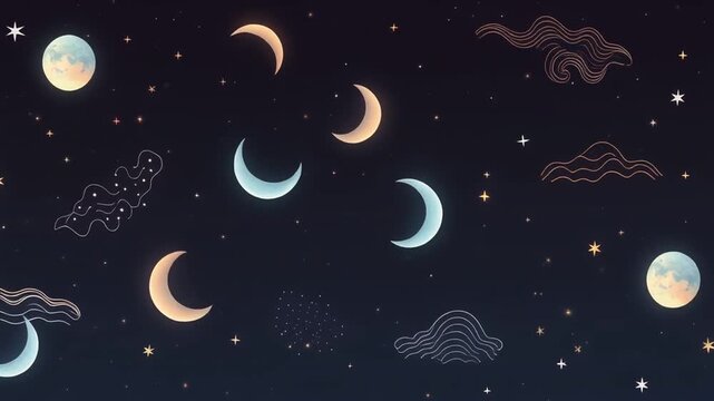 A celestial scene featuring various phases of the moon in shades of blue and orange, scattered across a dark blue and black sky with stars and clouds