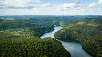 Aerial View of Berowra Waters River Winding Through Lush Forest in New South Wales, Australia