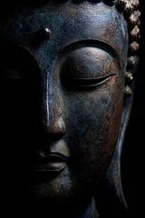 Zen Buddhism, meditation, inner peace, Chinese Japanese Asian tradition. Therapy stress release treatment, health lifestyle. A closeup of a bronze Buddha statue with a serene expression. © rabbit75_fot