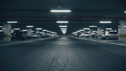 Obraz premium Blurry parking garage. Soft-focused asphalt road. Vacant underground car lot. Contemporary subterranean parking