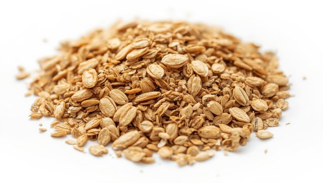 Plain spelt, wheat, oatmeal, barley, and rye flakes for muesli or granola on a white background