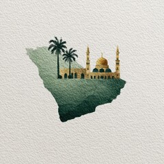 A stylized map outline holding a mosque and palm trees
