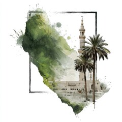 Watercolor painting of a mosque, palm trees, and lush greenery within a frame