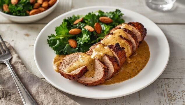 Pork tenderloin with mustard tarragon sauce, served on a white plate alongside kale and almond salad, captured from above on a white wooden table