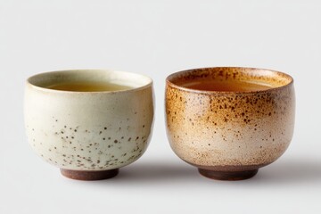 Two textured ceramic cups filled with amber liquid, set against white
