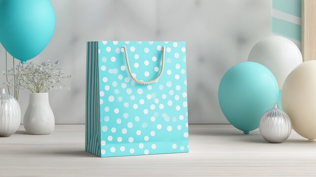A blue and white polka dot gift bag with a rope handle, surrounded by balloons and a vase containing a plant. The background is slightly blurred, emphasizing the bag and its contents.