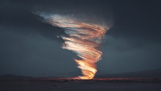 Fiery twister spiraling against a dark, cloudy backdrop