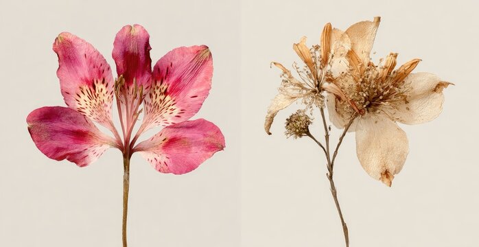 Vibrant pink bloom on left, dried brown bloom on right, side-by-side
